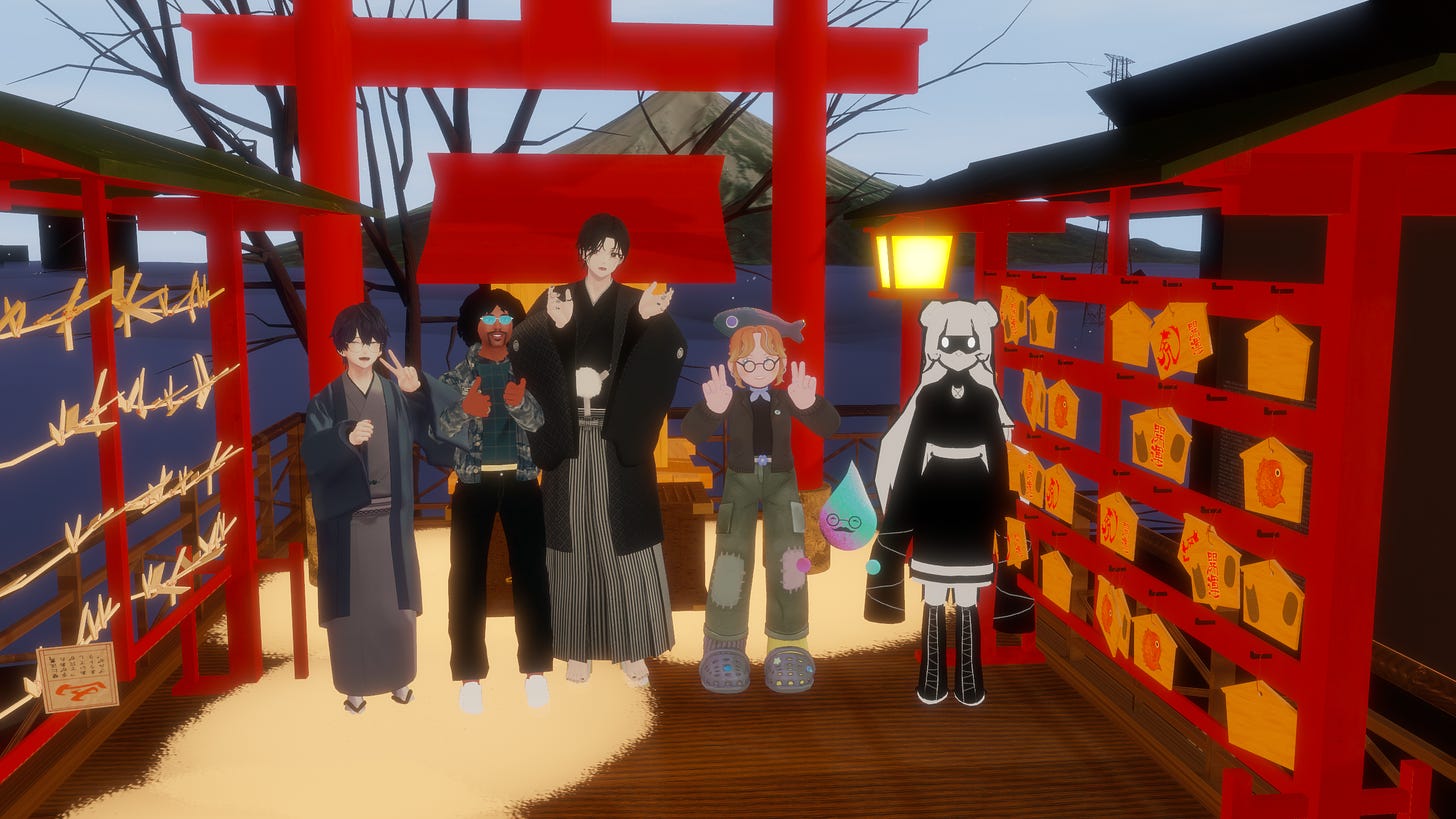 LambSun, ArmaniXR, Ribertan, babybonito, doodledrop, and lifetoast at a shrine in VRChat surrounded by Omikuji and Ema.