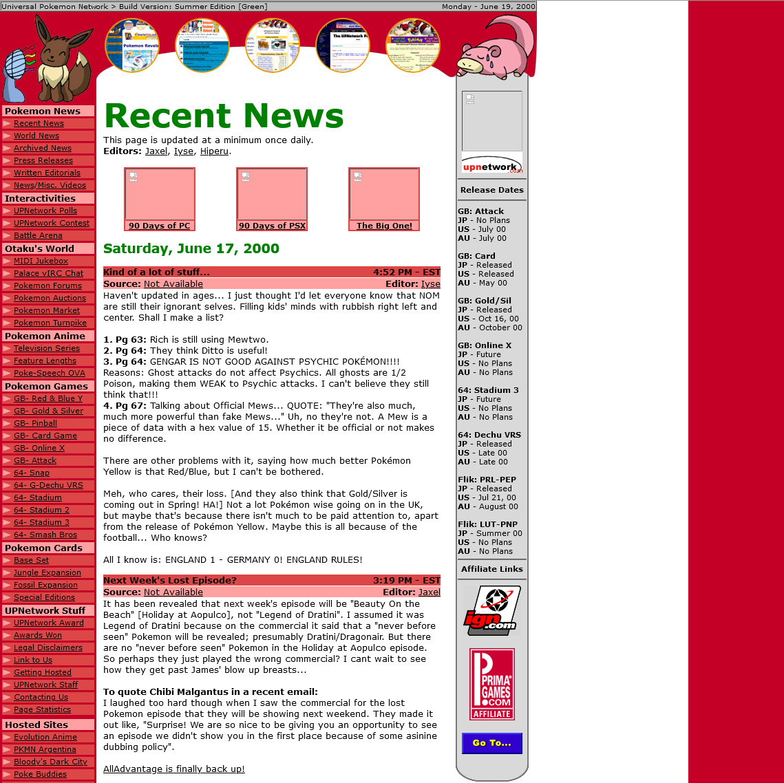 UPNetwork's website layout from June 2000