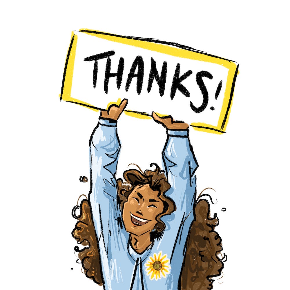 Doodle of Helio holding up a sign that says "Thanks!"