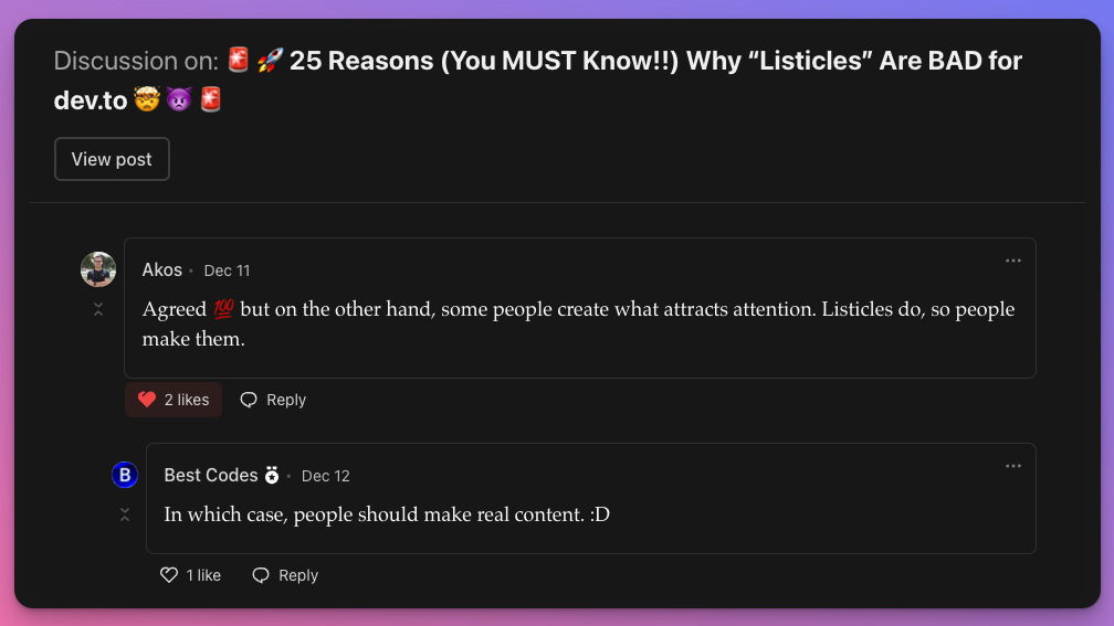 comment on a blog post titled "25 Reasons (You MUST Know!!) Why *Some* “Listicles” Are BAD for dev.to"