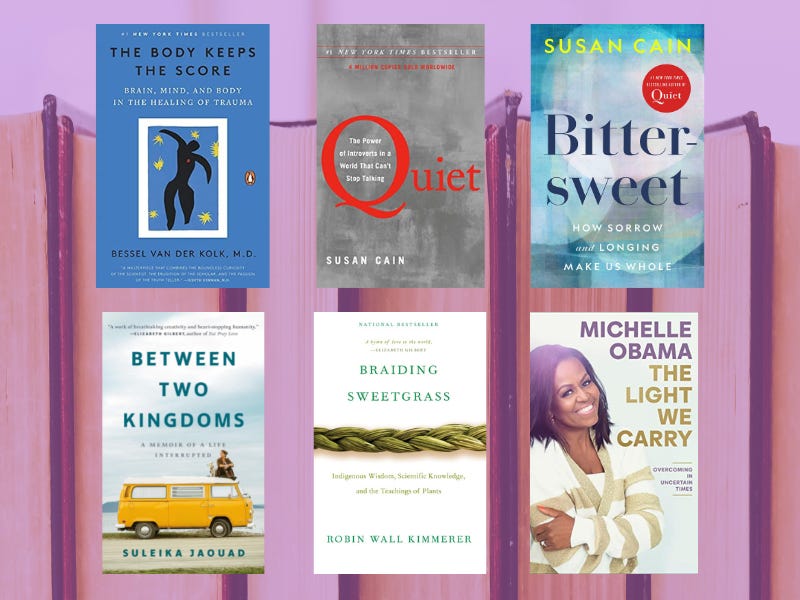 Collage of book covers over a purple tinted background of books: The Body Keeps the Score by Bessel Van Der Kolk, Quiet by Susan Cain, Bittersweet by Susan Cain, Between Two Kingdoms by Suleika Jaouad, Braiding Sweetgrass by Robin Wall Kimmerer, and The Light We Carry by Michelle Obama