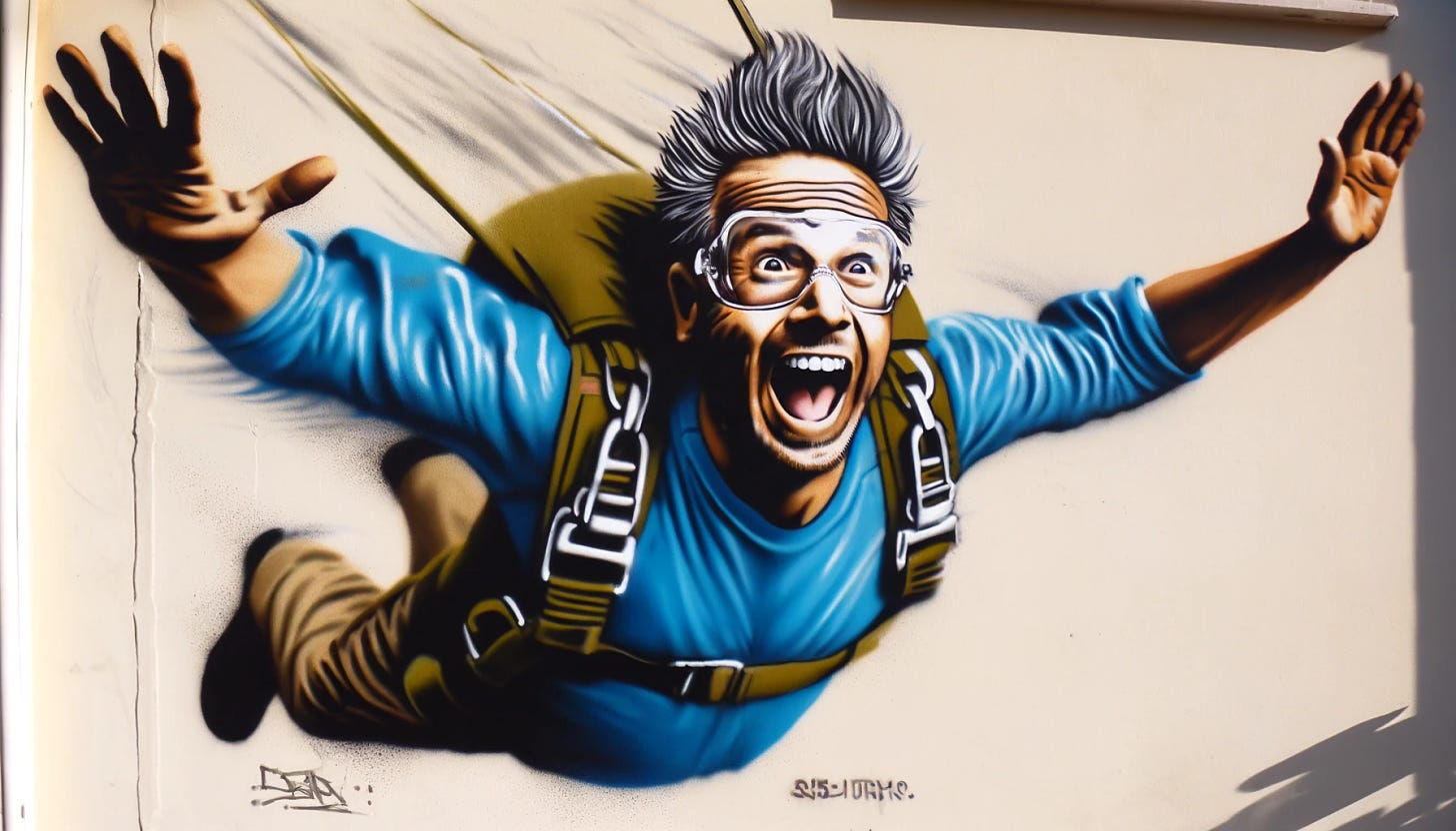 A graffiti-style stencil image on a wall, depicting a middle-aged man skydiving with an expression of exhilaration and speed on his face. The man is wearing a parachute and his hair and clothes are blown back by the wind. The overall style is vibrant and dynamic, capturing the thrill and adventure of taking a leap. The colors are bold and striking, typical of street art.