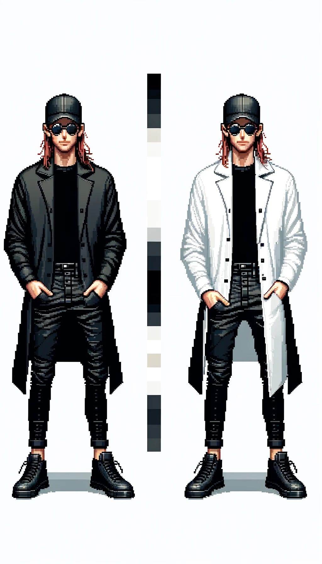 Adjust the character's image to feature a white coat while maintaining the rest of the outfit as is. The stylish man with a slender build has red-blonde long hair, prominent cheekbones, and a sharp jawline. He's adorned with a black leather baseball cap facing forward, dark movie star sunglasses, and a black pullover hooded sweatshirt. The outfit includes slim black jeans and all-black leather sneakers, inspired by a minimalist, luxury design. The key change is that the chore coat is now white, button-front, and cotton, providing a striking contrast to the rest of the monochromatic outfit. This updated character should still be set against a pure white background, presented in 16-bit pixel art style to capture the aesthetic of an SNK Neo Geo video game cutscene.