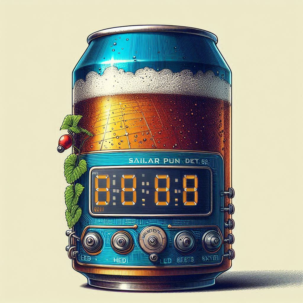 beer can with led digital clock on the top, solarpunk drawing