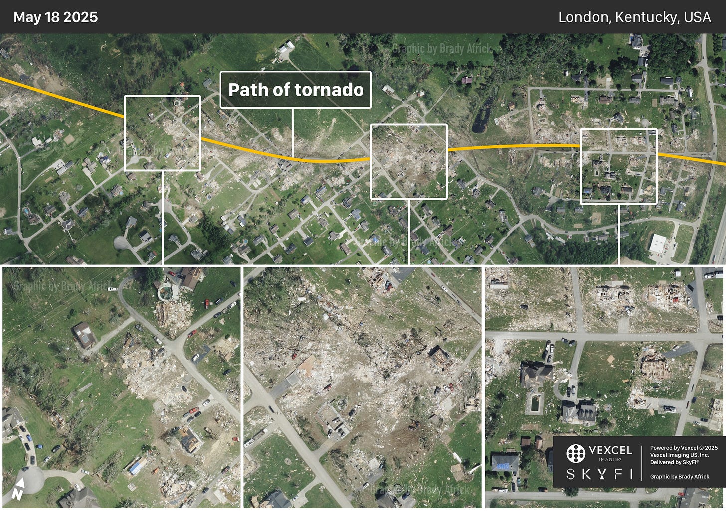 Damage from a tornado in London, Kentucky, USA | Imagery Powered by Vexcel © 2025 Vexcel Imaging US, Inc. | Delivered by SkyFi® | Graphic by Brady Africk