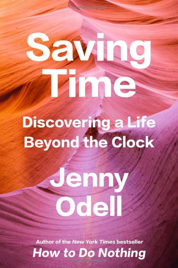 The cover of Odell's Saving Time, with white text on swirling pink and orange rock formations.