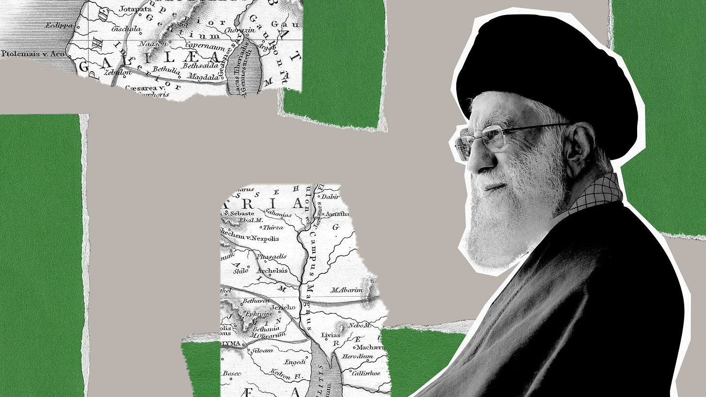 Photo illustration of Ali Khamenei surrounded by torn pieces of green paper and torn pieces of a map.