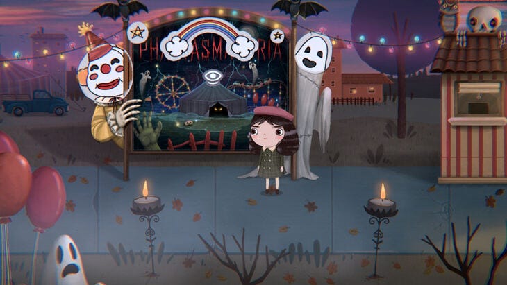 A screenshot of Little Misfortune where Misfortune is entering Phantasmagoria. She has sprinkled glitter on the scary sign out front, making a clown on it look happy, and a rainbow appear.