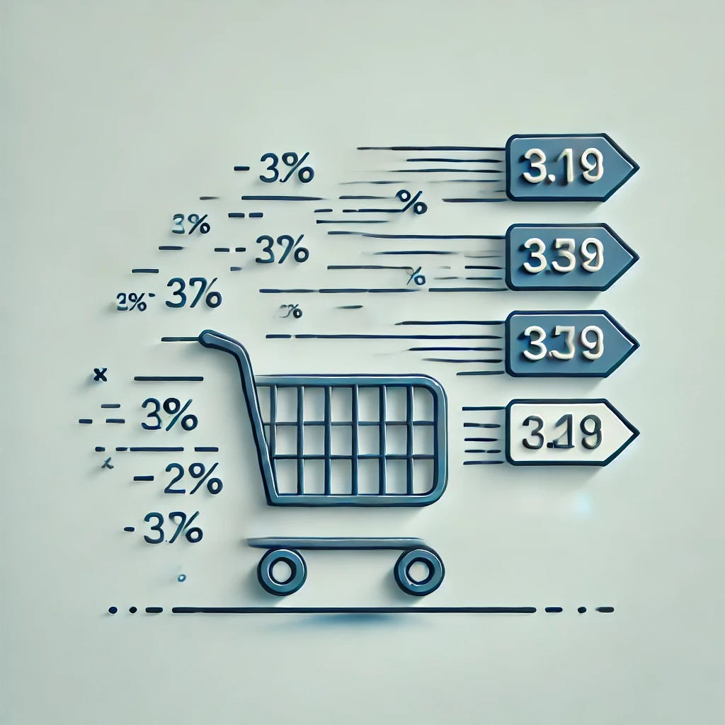 A minimalist graphic representing dynamic pricing at grocery stores. The image features a grocery cart with price tags that are changing, symbolized by arrows and shifting numbers. The design is clean and simple, focusing on the concept of fluctuating prices without any text or extra elements, using the cart and changing price tags to represent dynamic pricing.