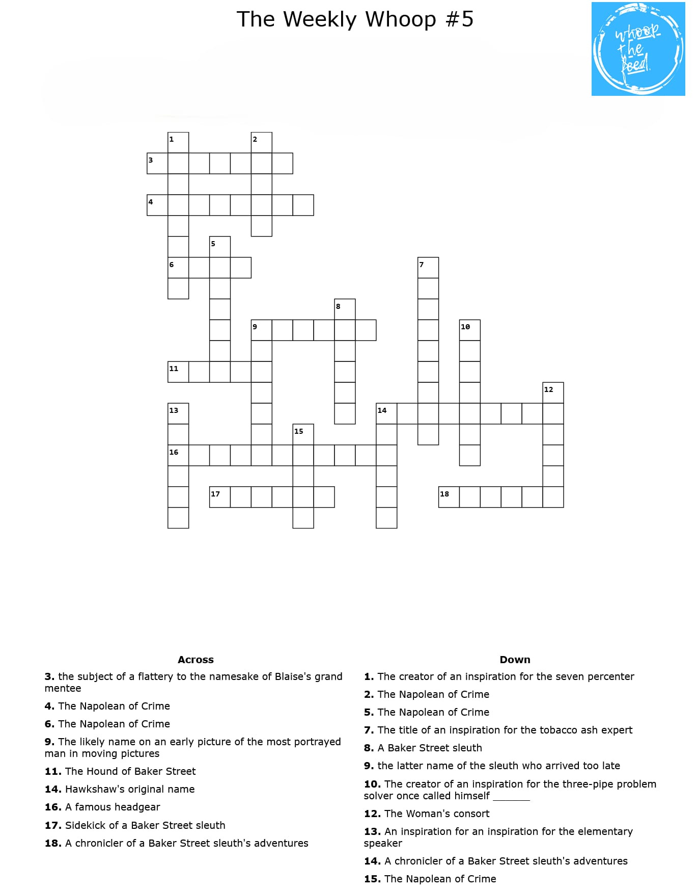 The first clue for the fifth edition of whoop!'s weekend puzzle-solving contest is a crossword laid out in this image.