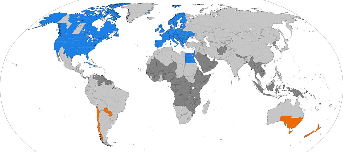 World map.
                                  Europe, most of North America, parts
                                  of southern South America and
                                  southeastern Australia, and a few
                                  other places use DST. Most of
                                  equatorial Africa and a few other
                                  places near the equator have never
                                  used DST as the seasons are not marked
                                  by drastic changes in light. The rest
                                  of the landmass is marked as formerly
                                  using DST.