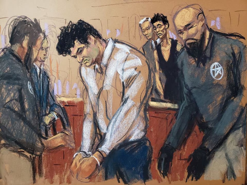 Illustration of Sam Bankman-Fried wearing handcuffs in a courtroom, with two US Marshals beside him.