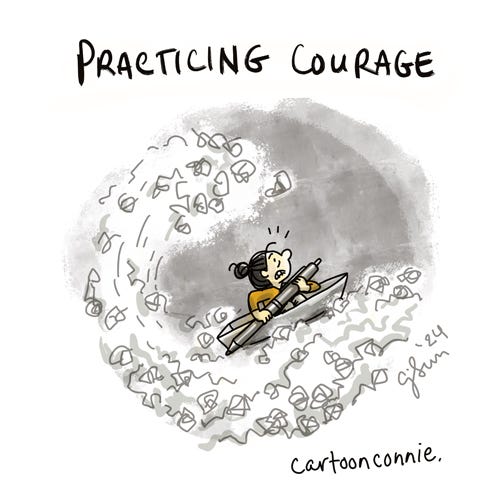 Practicing Courage Illustration of a cartoon girl with a bun rowing a boat with an oar-sized pen, navigating a Hokusai-style wave made of crumpled paper. Titled "Practicing Courage." Original cartoon by Connie Sun, cartoonconnie, 2024