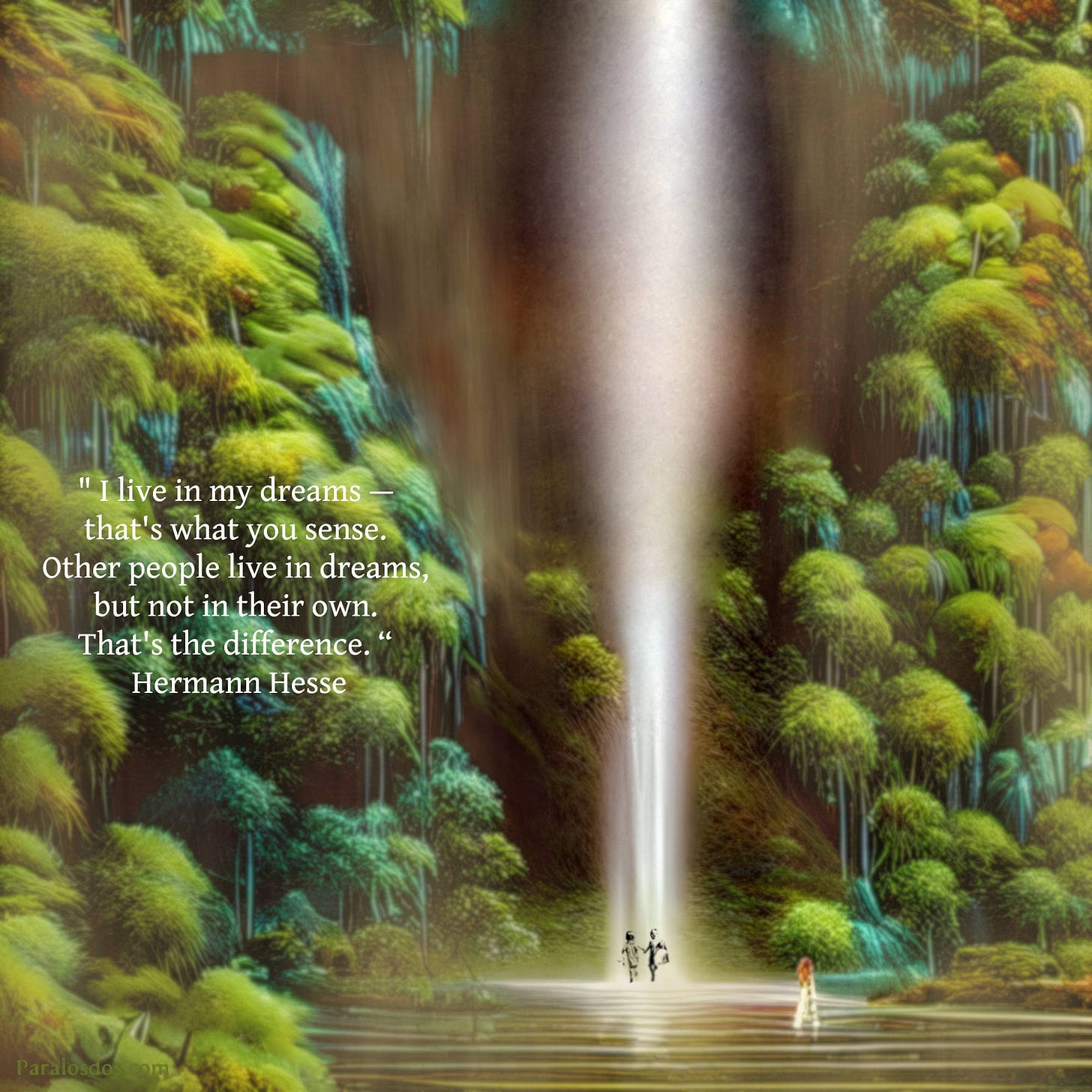 An artistic rendering of a misty waterfall descending into a shallow lake in a beautiful forest. There is a woman in walking in the lake. The quote reads: "I live in my dreams — that's what you sense. Other people live in dreams, but not in their own. That's the difference.“  Hermann Hesse