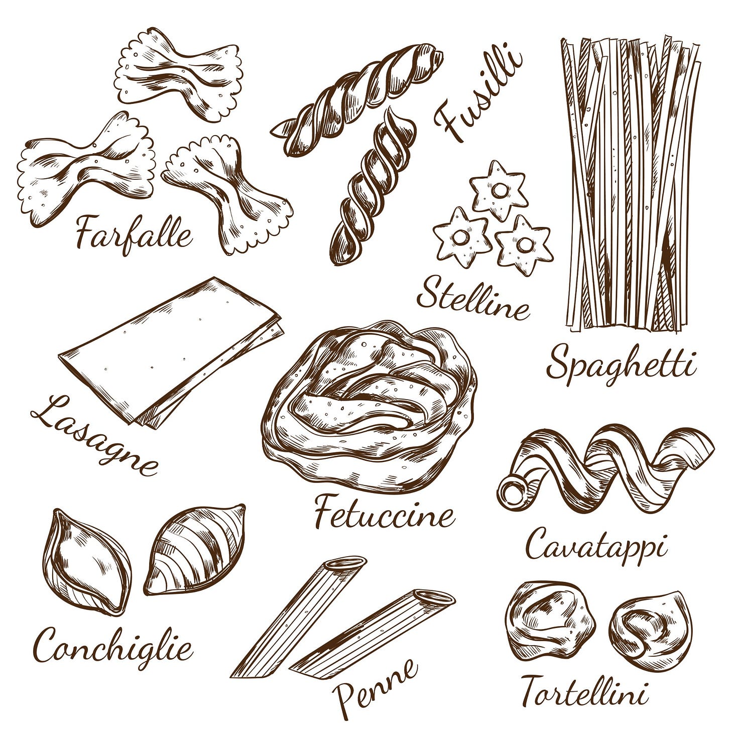 Chart showing drawings of various shapes of pasta including fusilli, stelline and spaghetti