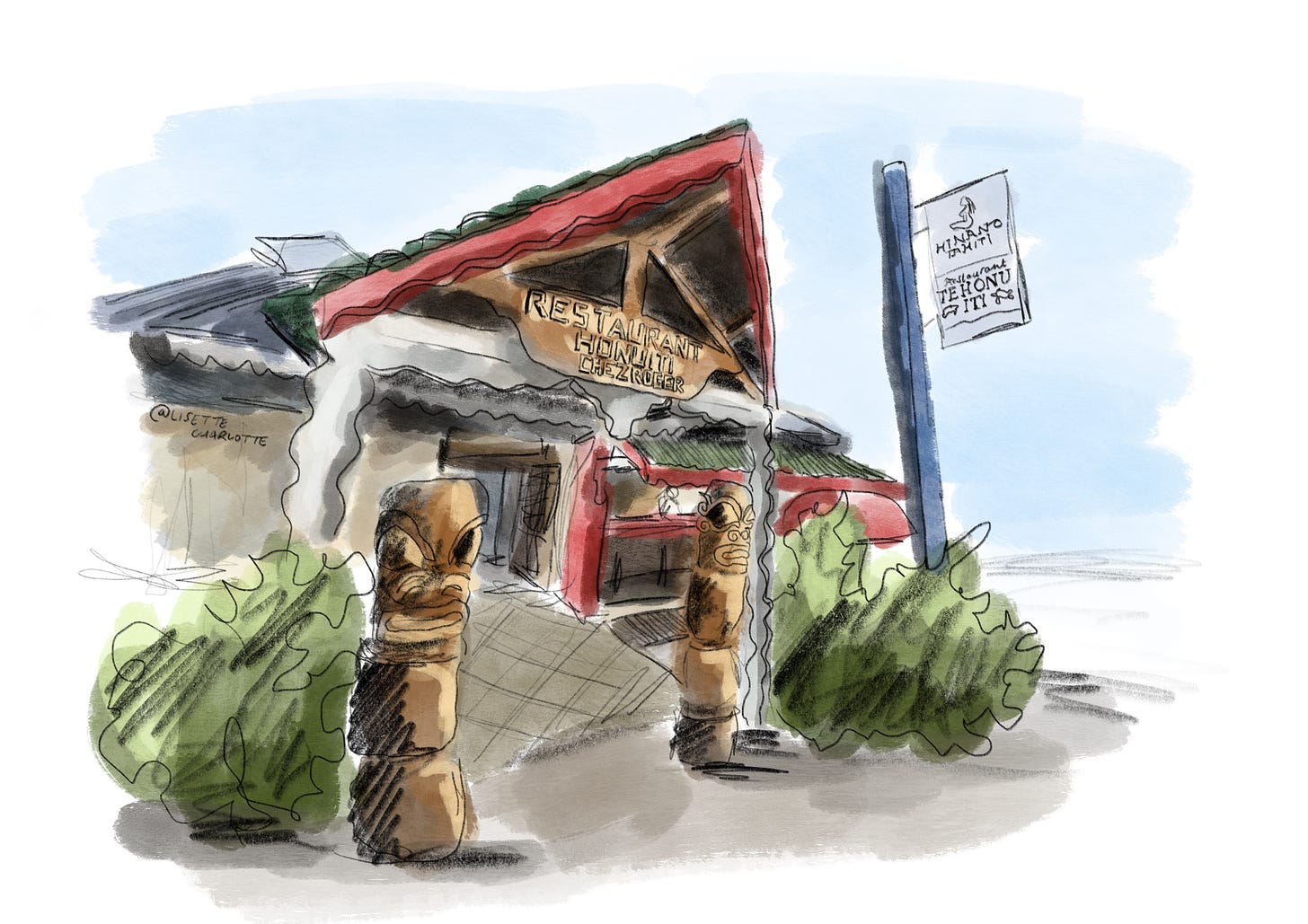 Watercolour and pencil sketch of Te Honu Iti restaurant in Moorea