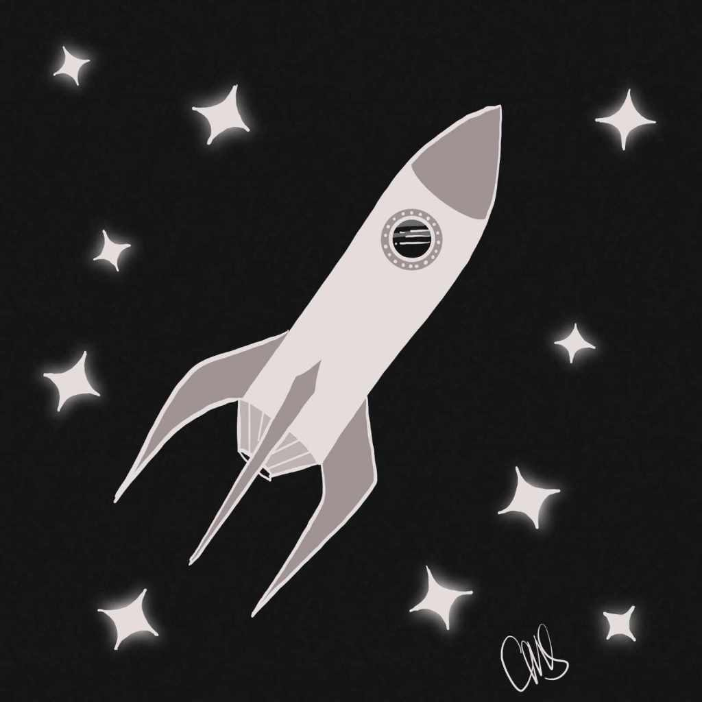 digital drawing of a rocket ship in space surrounded by stars. The rocket ship is designed with greys and whites, on a black background.