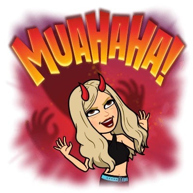 Bitmoji of the author in devil horns, cackling to the sky with her claws in the air: MUAhahahahah!