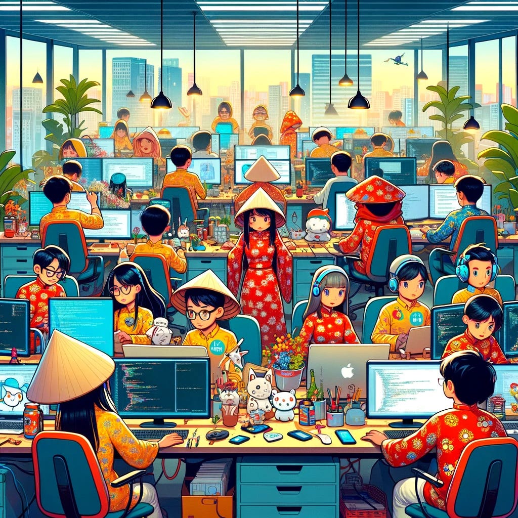 A vibrant and colorful cartoon depicting an e-commerce office bustling with activity. The scene is filled with desks, computers, and coding paraphernalia, showcasing a diverse group of animated Vietnamese coders deeply engrossed in their work. Each coder is characterized by distinct, playful outfits and accessories that hint at their individual personalities, with traditional Vietnamese elements subtly integrated into their attire. The office environment is modern, with large windows letting in plenty of natural light, and plants scattered around for a touch of greenery. The atmosphere is one of creativity, collaboration, and high energy, typical of a dynamic tech startup.