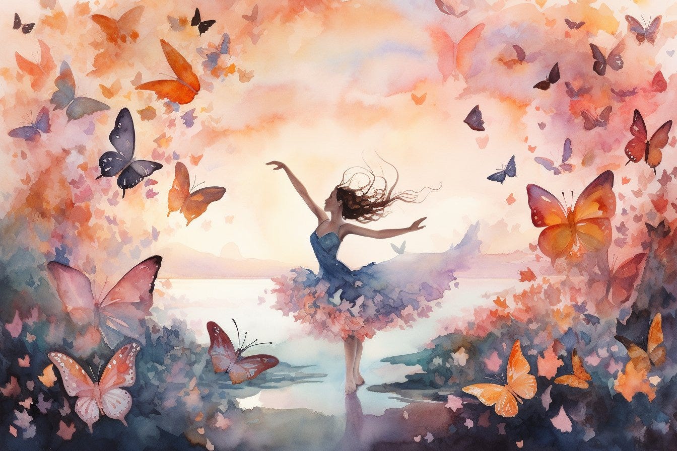 Ethereal dreamscape featuring a graceful ballet dancer performing on a floating crescent moon, surrounded by a swirling array of vibrant butterflies. The scene captures the essence of tranquility and elegance with a touch of surreal fantasy. Rendered in a delicate watercolor style, soft pastel color palette, and gentle ambient lighting that accentuates the dreamy atmosphere. The composition focuses on the dancer's poised movement, creating a harmonious balance between the subject and the whimsical environment. Nikon D850, 85mm f/1.4 lens, f/2, 1/200s, ISO 100 --ar 3:2 --v 5 