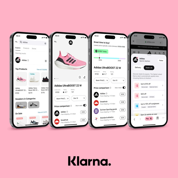Klarna app shown on 4 smartphone screens