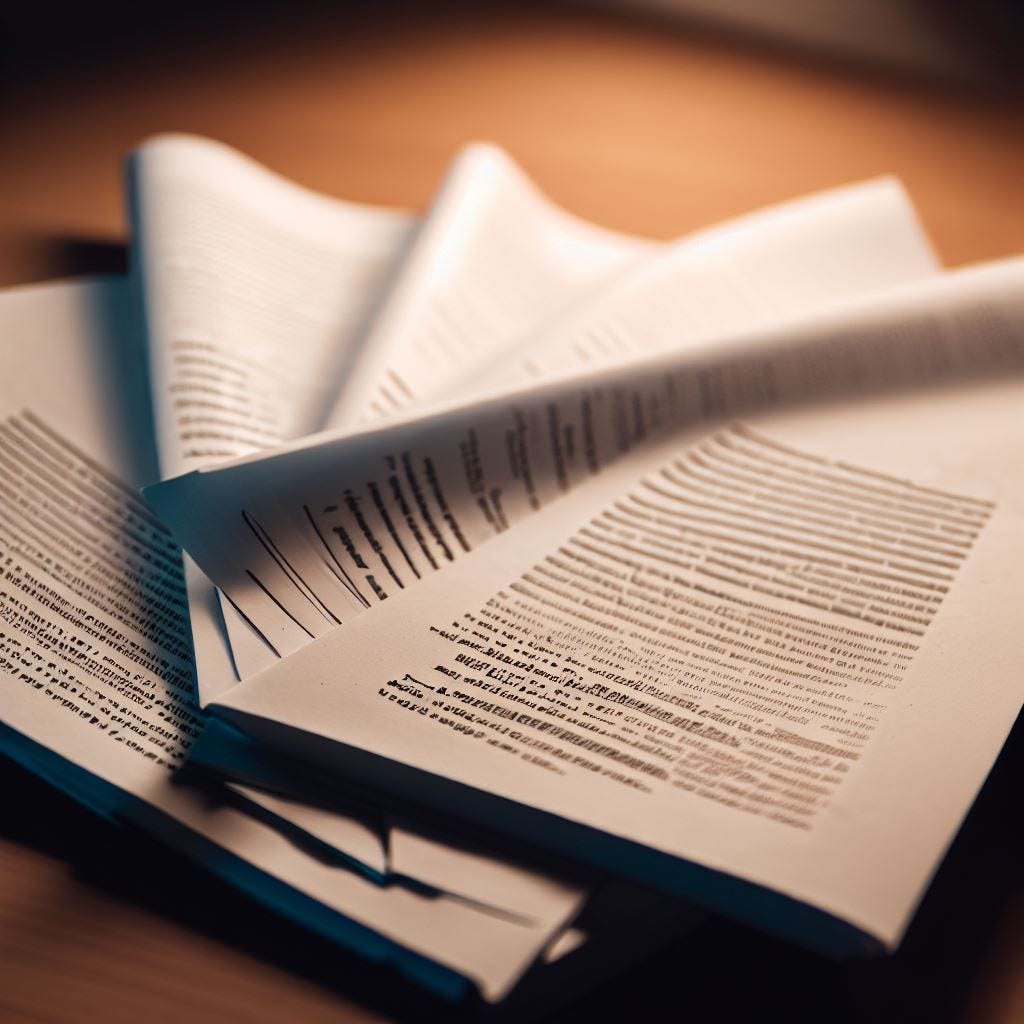 a desk with four academic papers fanned out