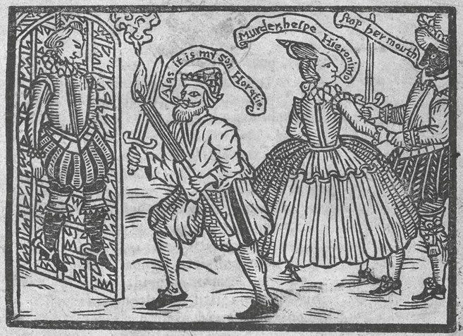 Woodblock illustration, Hieronimo discovering Horatio's corpse.