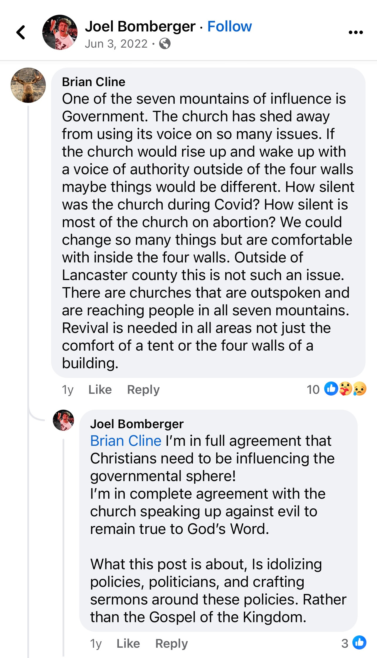 Image illustrating Joel Bomberger affirming the seven mountain mandate in comments section of his Facebook post.