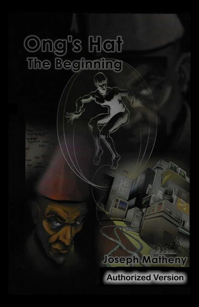 Cover for "Ong's Hat: The Beginning", showing a humanoid figure inside an egg shaped device, some machinery, and the author's information