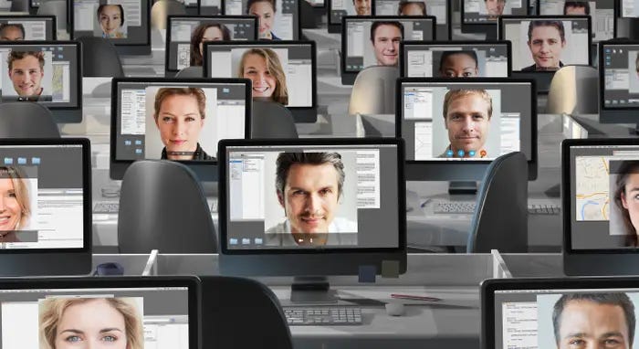 Escritorio vazio com diversos iMacs com rosto de seus respectivos usuarios