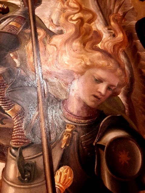 the Archangel Michael painted as a vigorous knight defeating the devil - artwork by Giuseppe Catani Chiti