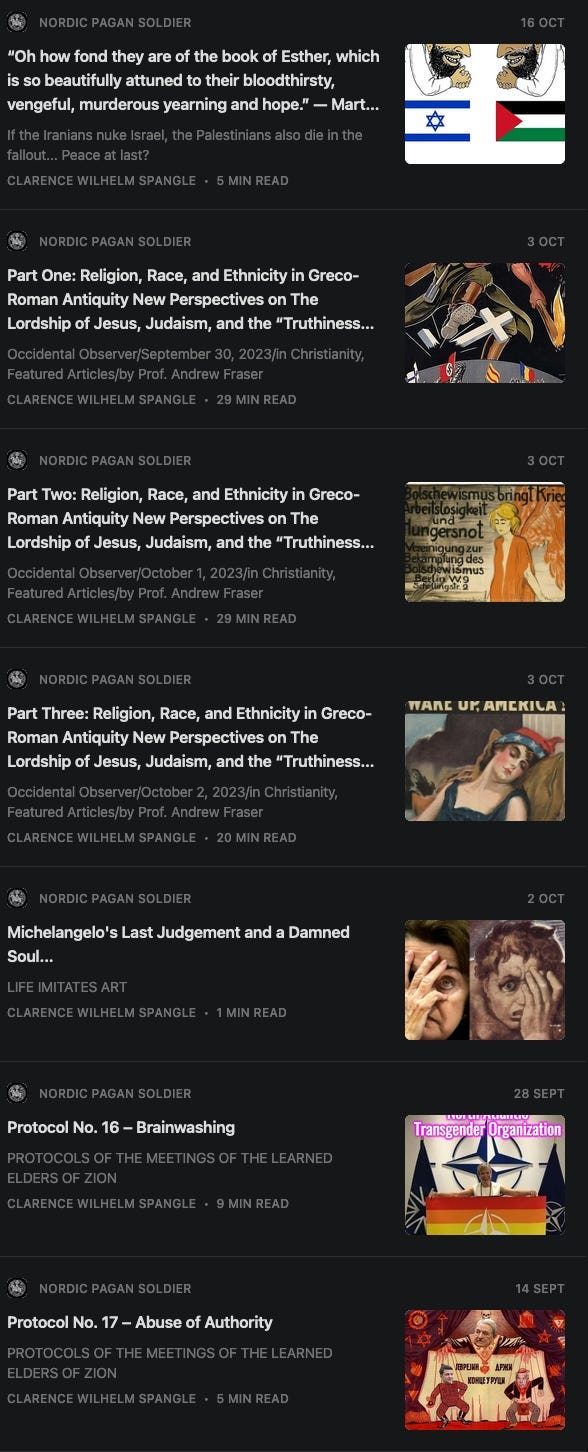 A screenshot of Nordic Pagan Soldier's articles, which include commentaries on the anti-Semitic hoax The Protocols of the Learned Elders of Zion.