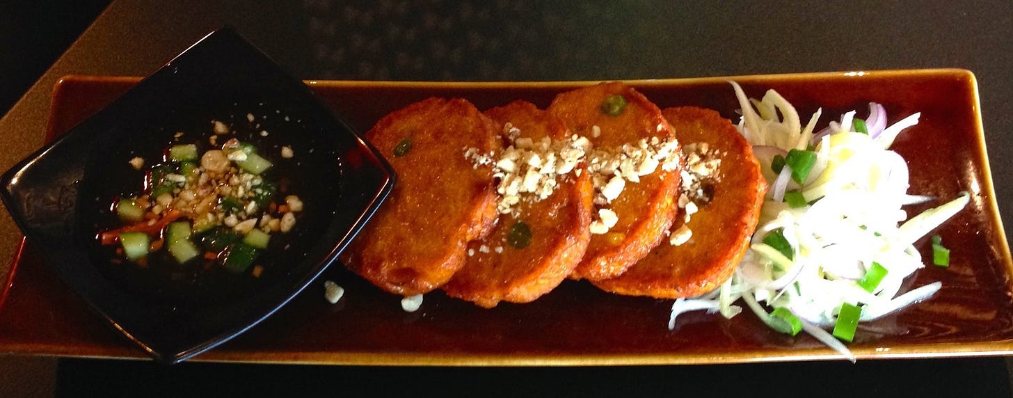 Fish cakes with green mango salad and chilli and palm sugar dip