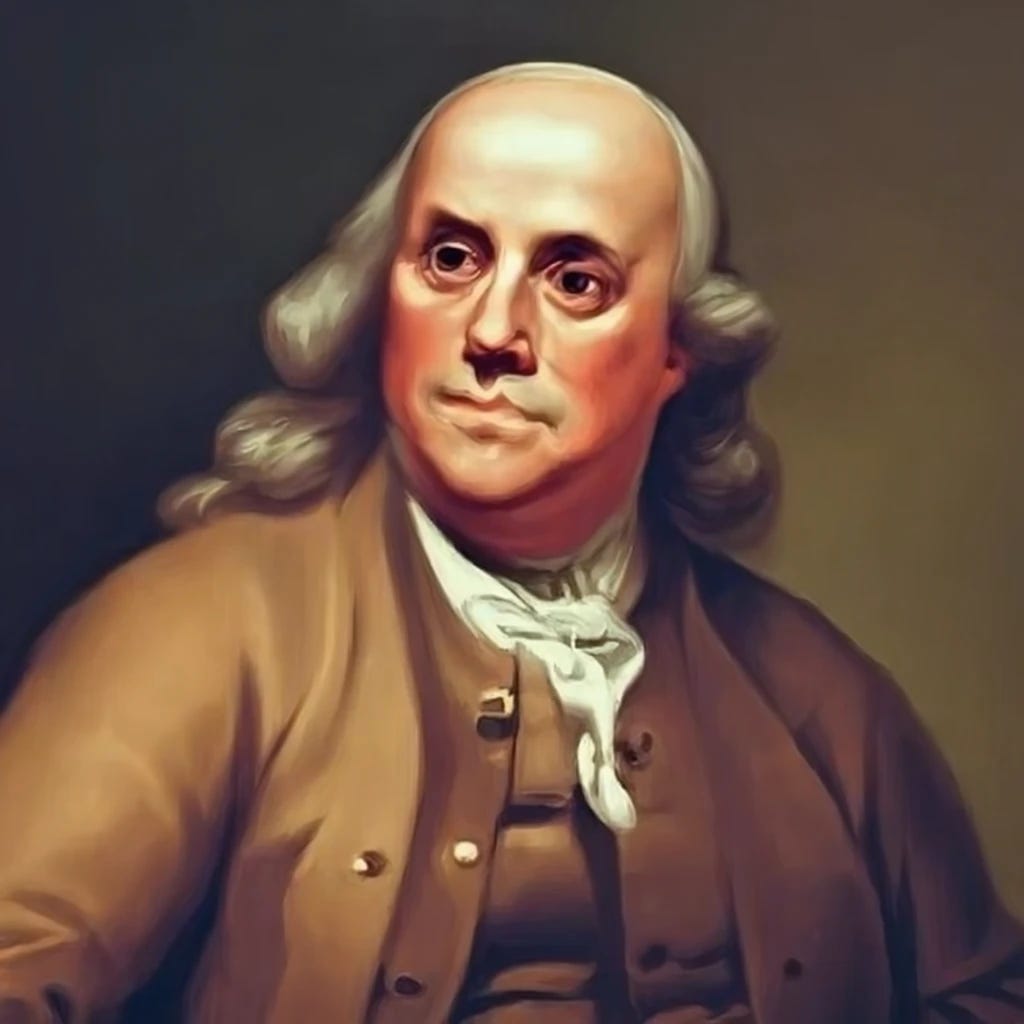Benjamin Franklin wearing shades smoking a joint with lighting in the background