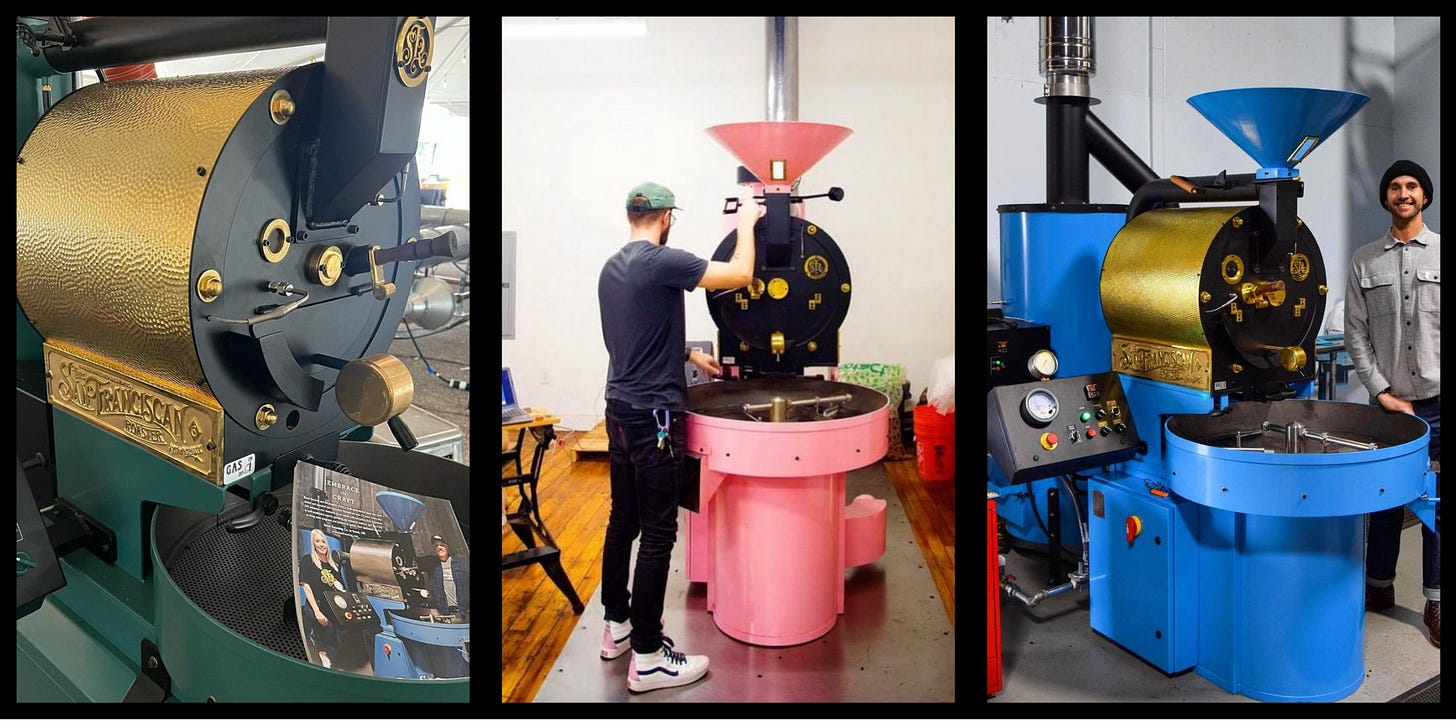 A 3-photo collage of commercial coffee roasters in bright colors, from left green, pink, and blue.