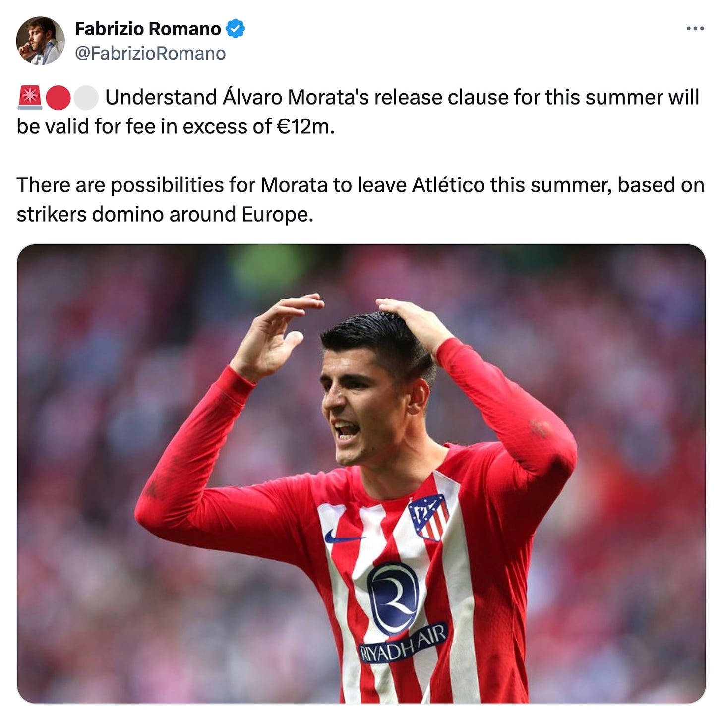 A tweet by Fabrizio Romano about Alvaro Morata