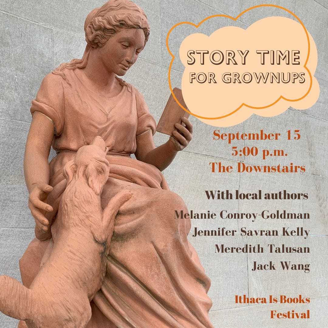 A graphic with event details. It features a statue of a woman reading a book, with a dog standing next to her listening, his front paws on her lap.