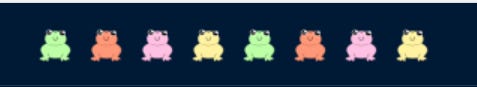 A row of eight frogs in alternating pastel colors