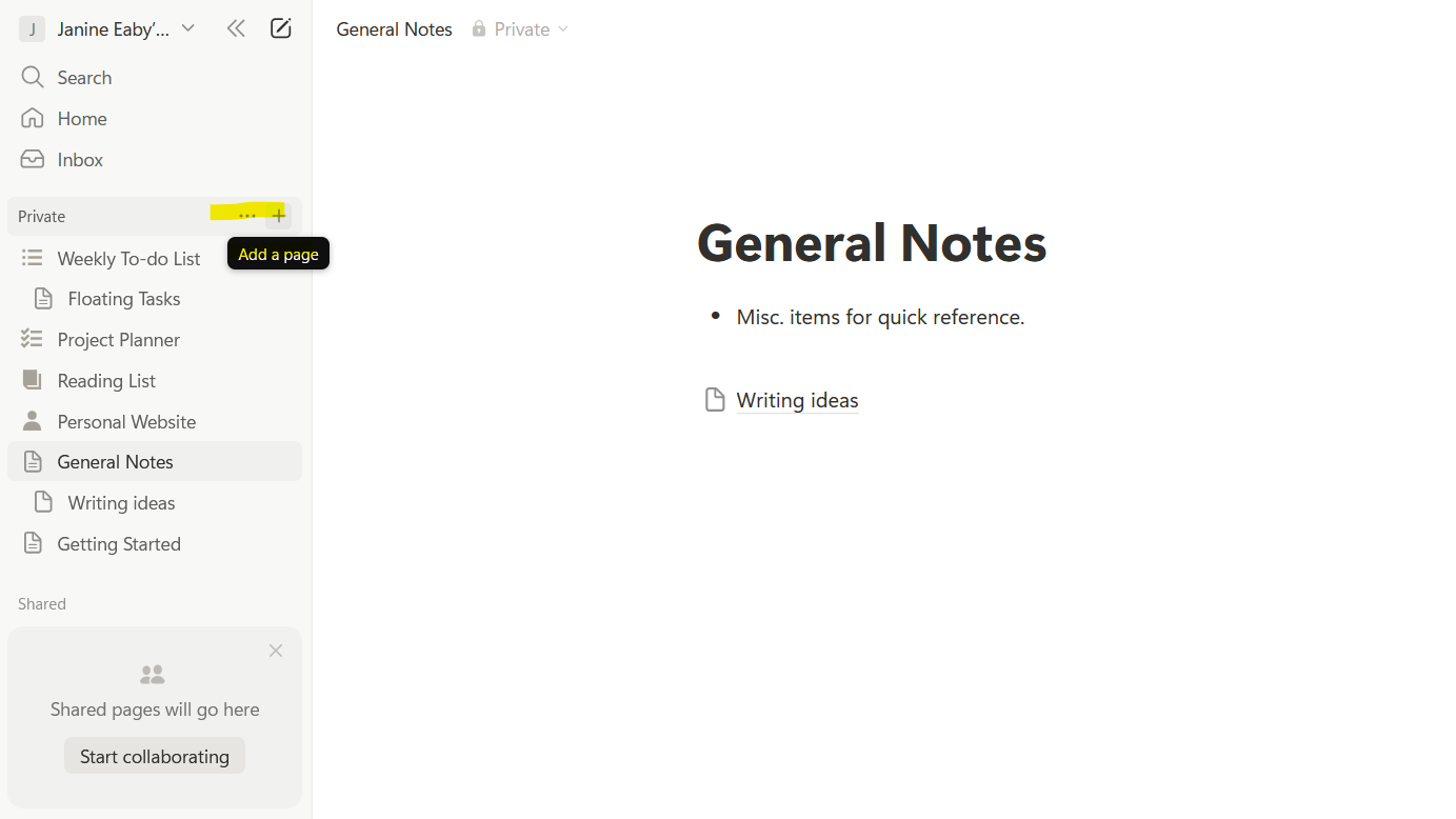 Example of Notion page with another page embedded.