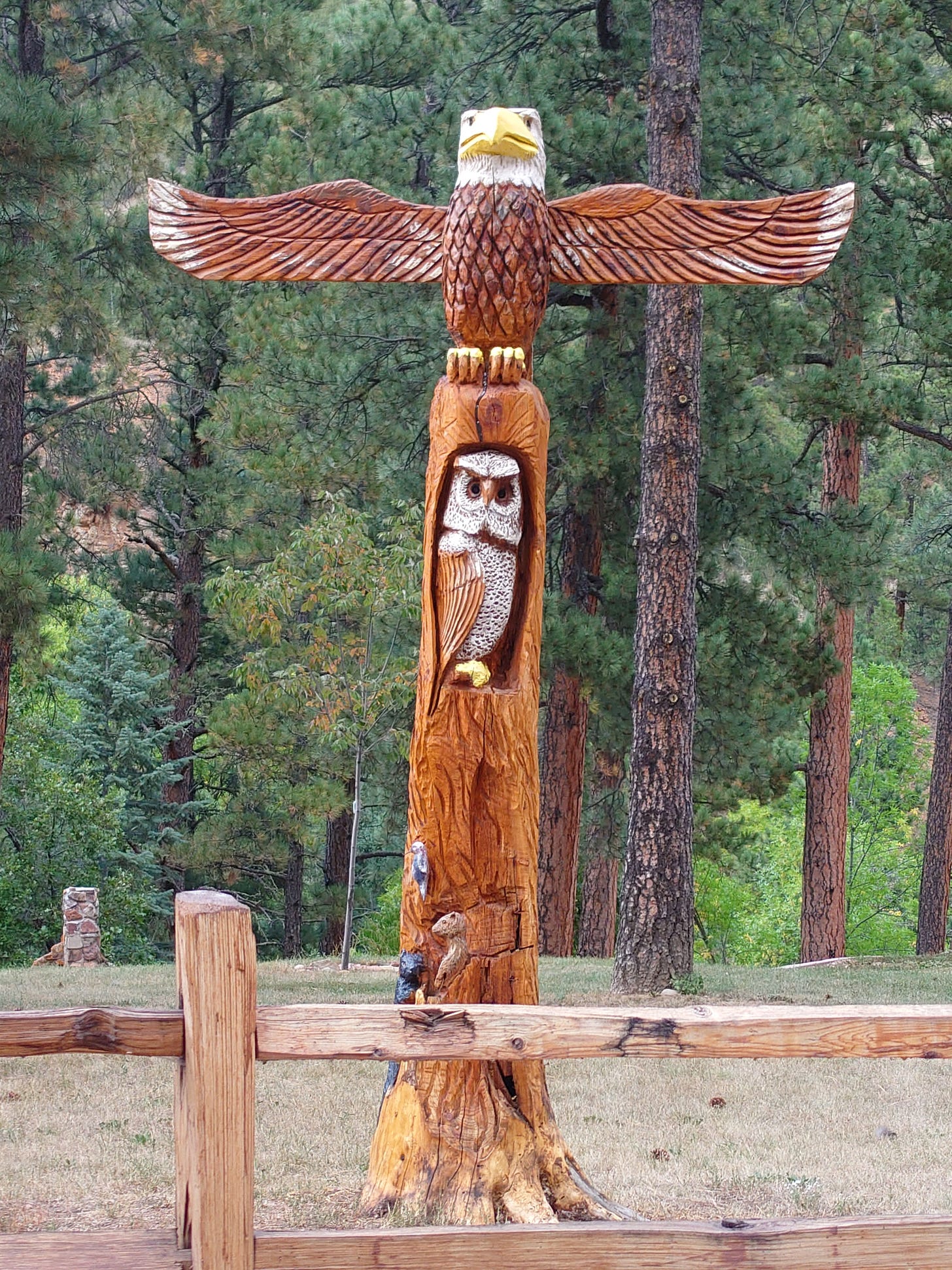 Totem pole in someone's yard in Beulah, Colorado