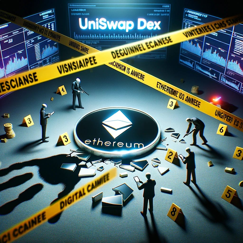 Photo of a digital crime scene. A broken Ethereum coin lies in the center, surrounded by virtual caution tape. In the background, a blurred image of the Uniswap DEX logo can be seen. Shadowy digital footprints lead away from the coin, hinting at the attacker. Investigators of various descent and gender are on the scene, collecting evidence and analyzing data.