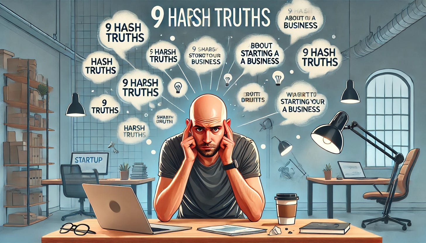 A digital illustration of a young bald startup founder sitting at a desk, looking stressed but determined. Around him, floating in the air, are 9 harsh truths about starting a business, displayed in a modern, minimalist font. The background is a startup office setting with a laptop, coffee cup, and scattered papers. The 9 truths should be visible and well-spaced, blending naturally into the composition.