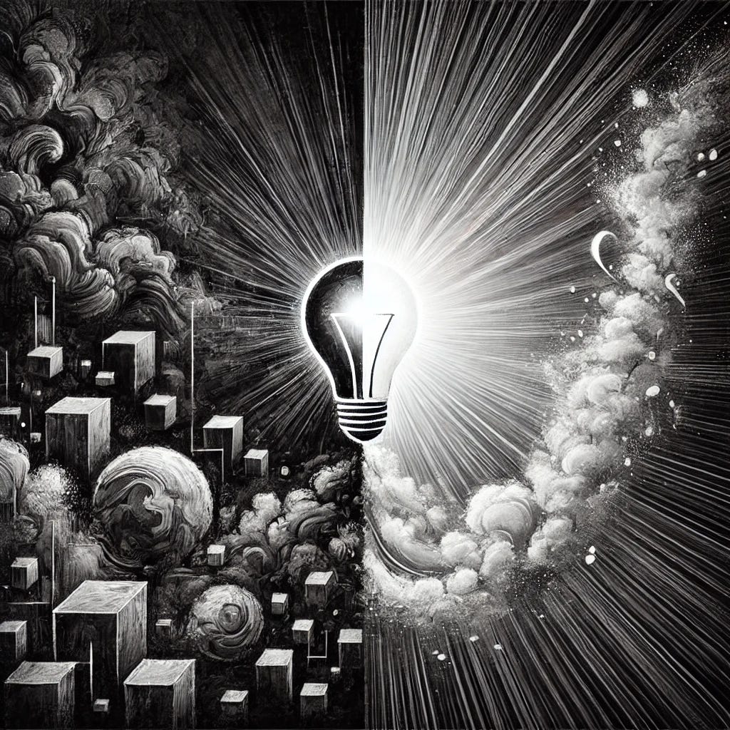 A profound black and white image depicting the resolution phase leading to new ideas. The left side shows chaotic, fragmented shapes symbolizing problems and complications. As you move toward the right, the shapes begin to smooth out and organize, representing resolution. Above the resolution phase, a light or abstract form emerges from the cleared space, symbolizing a new idea or insight coming to life. The image evokes a sense of progression from confusion to clarity, with the new idea standing out brightly in contrast to the chaotic beginning.