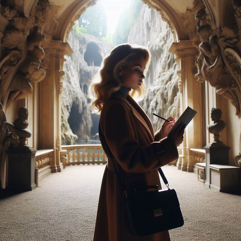 show me a narrow shot of an elegant curvacipus plus size blonde female Professor dressed in a long camel coat in silhouette on sabbatical researching a Renaissance grotto in the style of the grotta grande in the boboli gardens 