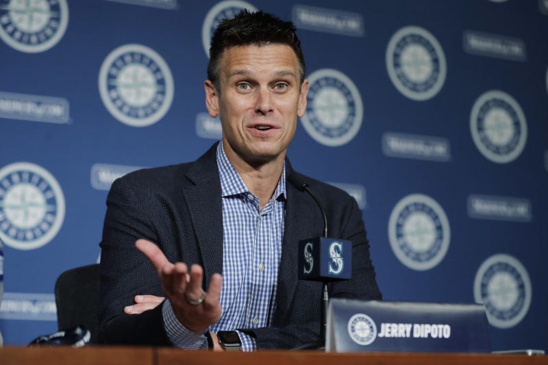 Seattle Mariners general manager Jerry Dipoto speaks Thursday, Jan. 23, 2020, in Seattle during the Seattle Mariners annual news conference before the start of Spring Training baseball. (AP Photo/Ted S. Warren)