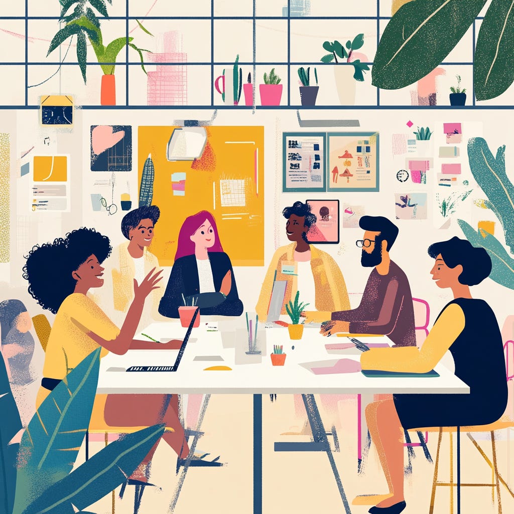 A diverse group of office workers in a bright, modern workspace, collaborating around a table. The scene is warm and inviting, with people smiling and gesturing comfortably. Subtle elements like plants, motivational posters, and an open-door policy are visible.