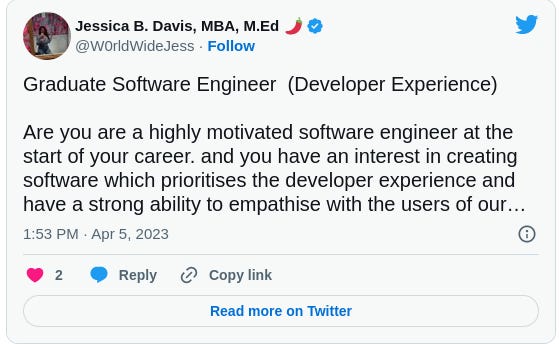 Jessica B. Davis, MBA, M.Ed 🌶 @W0rldWideJess Graduate Software Engineer  (Developer Experience)  Are you are a highly motivated software engineer at the start of your career. and you have an interest in creating software which prioritises the developer experience and have a strong ability to empathise with the users of our product?   @inside_r3  (London) is looking for you  apply now: https://r3.com/jobs/graduate-software-engineer-developer-experience-full-time-london-corda-business-unit/