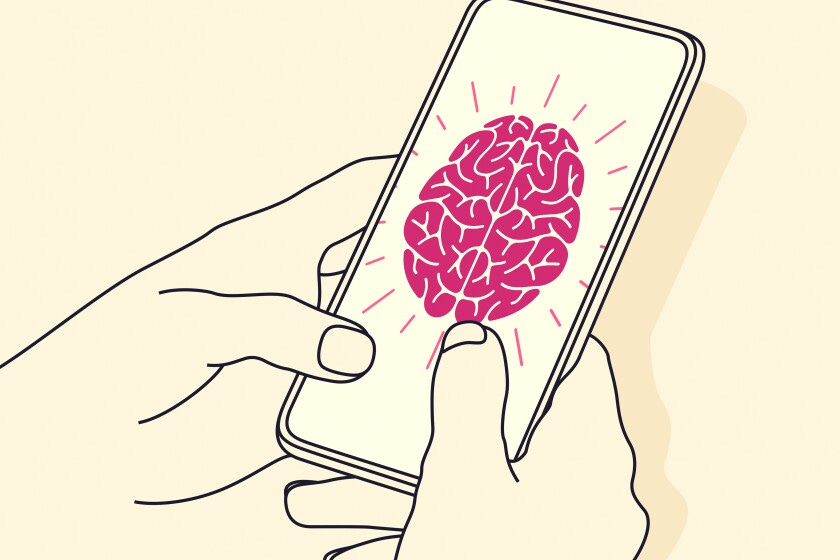 illustration of hands holding a smartphone. On the phone screen is an icon of a brain.