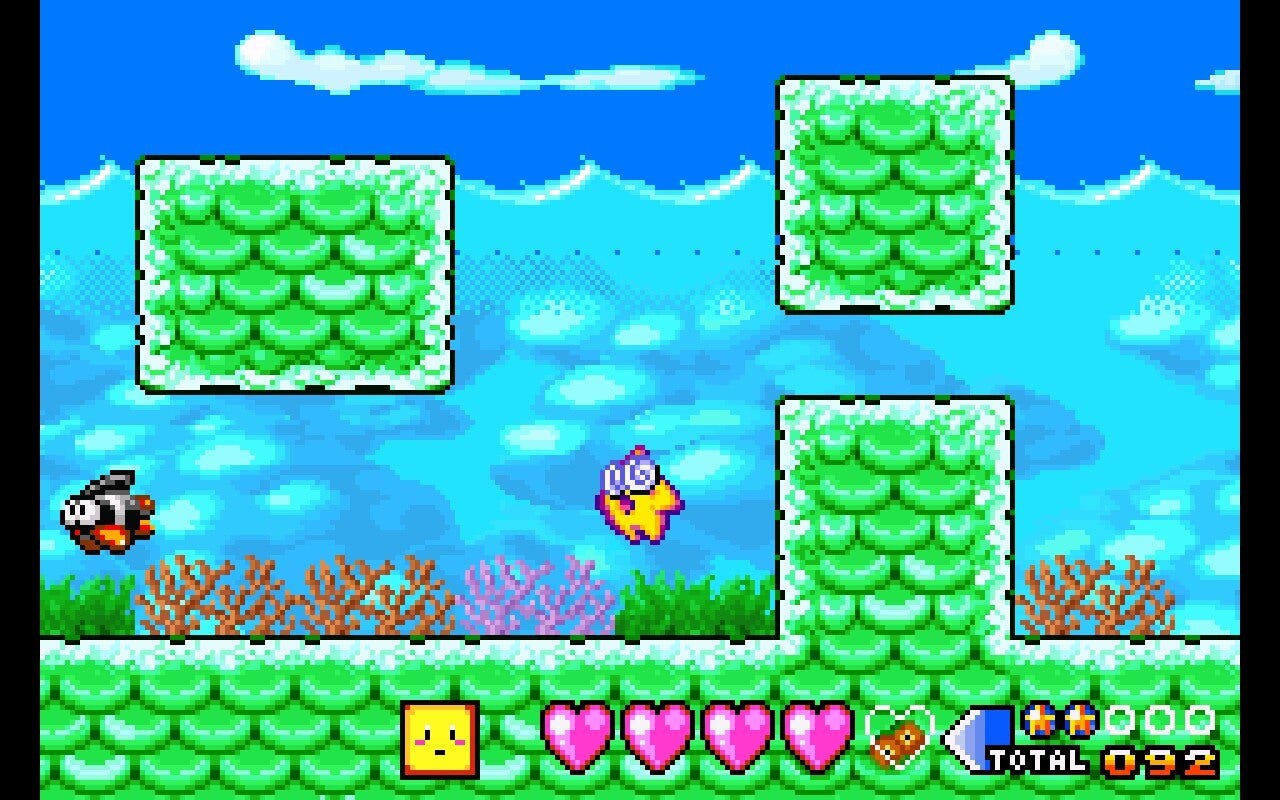 A screenshot of Starfy, visibly dizzied, slowly falling through the water in place because of spinning too many times in succession.