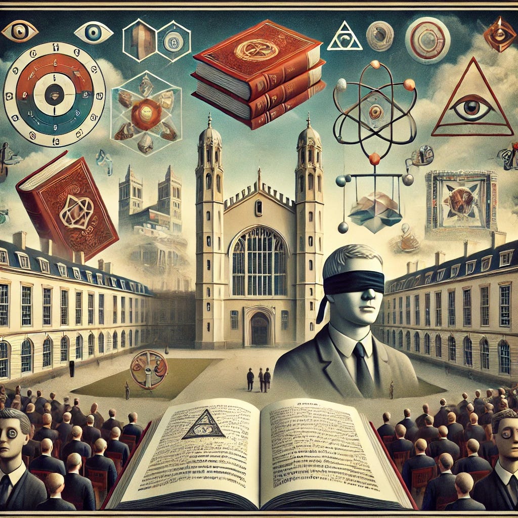 A thought-provoking square image representing the theme of heresy in modern universities. The scene shows a university campus with grand, traditional architecture, but with elements suggesting ideological conflict and inversion of truth. Incorporate symbolic elements like upside-down books, a professor with a blindfold, and students with blank, expressionless faces. In the background, add contrasting elements like scientific symbols and religious icons, indicating the blurring lines between objective science and ideological beliefs. Use a muted color palette to evoke a sense of disillusionment and intellectual struggle.